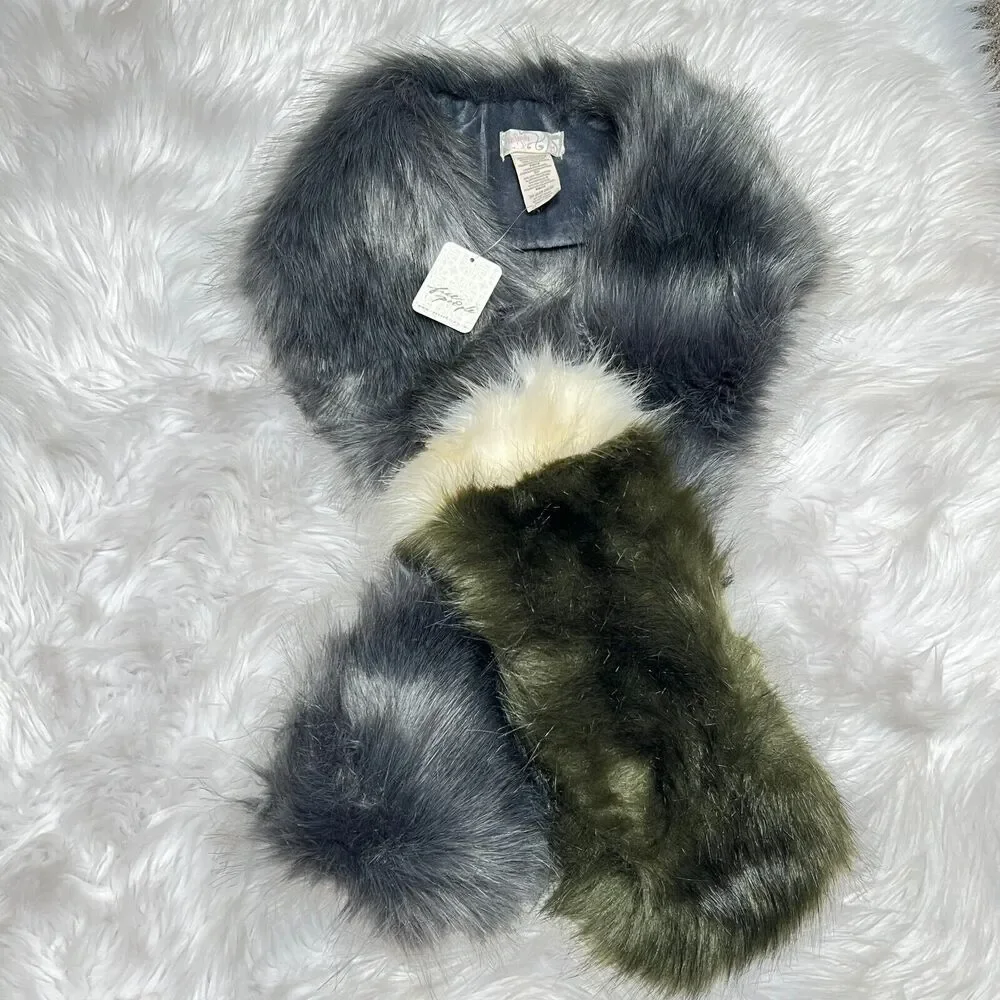FREE PEOPLE JAGGER FAUX FUR SCARF COLLAR GRAY / GREEN 55" X 5" - Picture 1 of 5